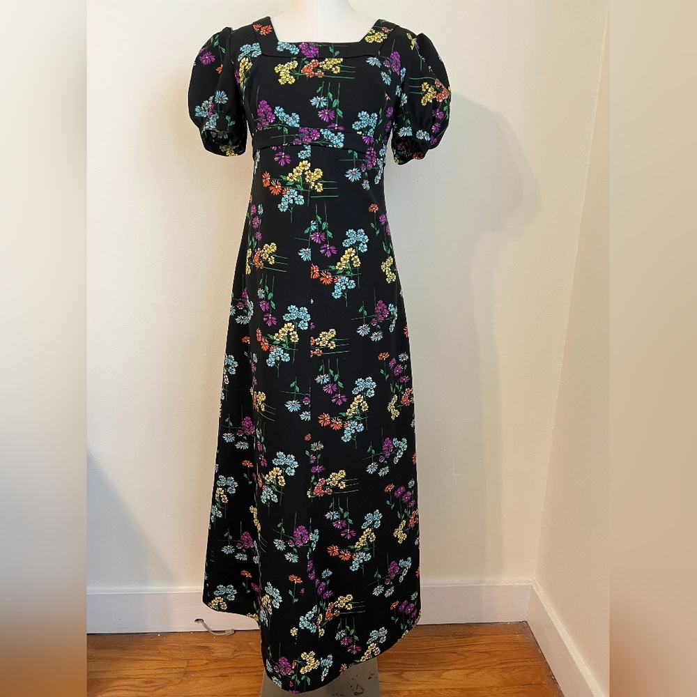 Small Medium French Vintage Empire Waist Short Sleeve Floral Black Maxi Dress